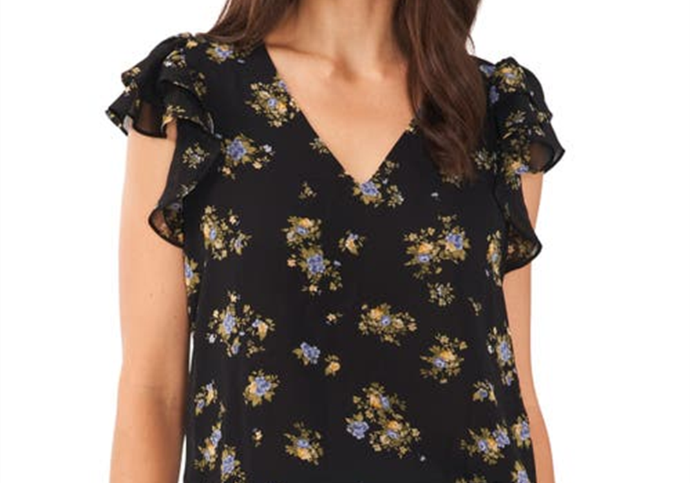 1. STATE Top de chiffon com decote em V e mangas esvoaçantes em estilo vintage Garden, tamanho XS