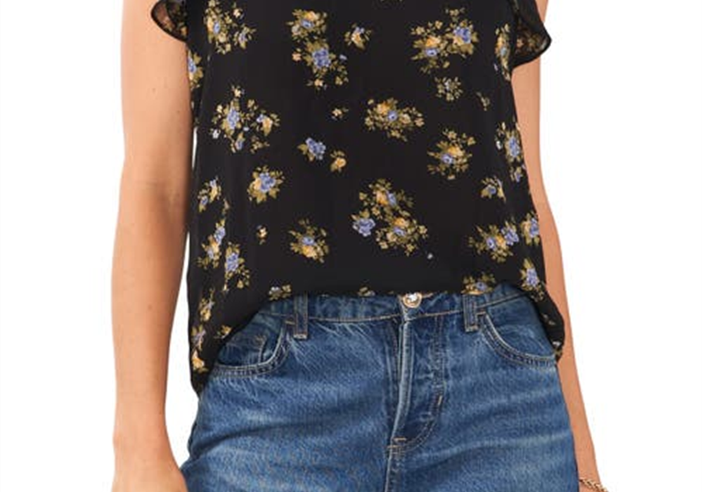 1. STATE Top de chiffon com decote em V e mangas esvoaçantes em estilo vintage Garden, tamanho XS