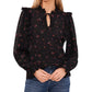 Blusa feminina CeCe com babados florais e decote dividido, preta, tamanho pequeno