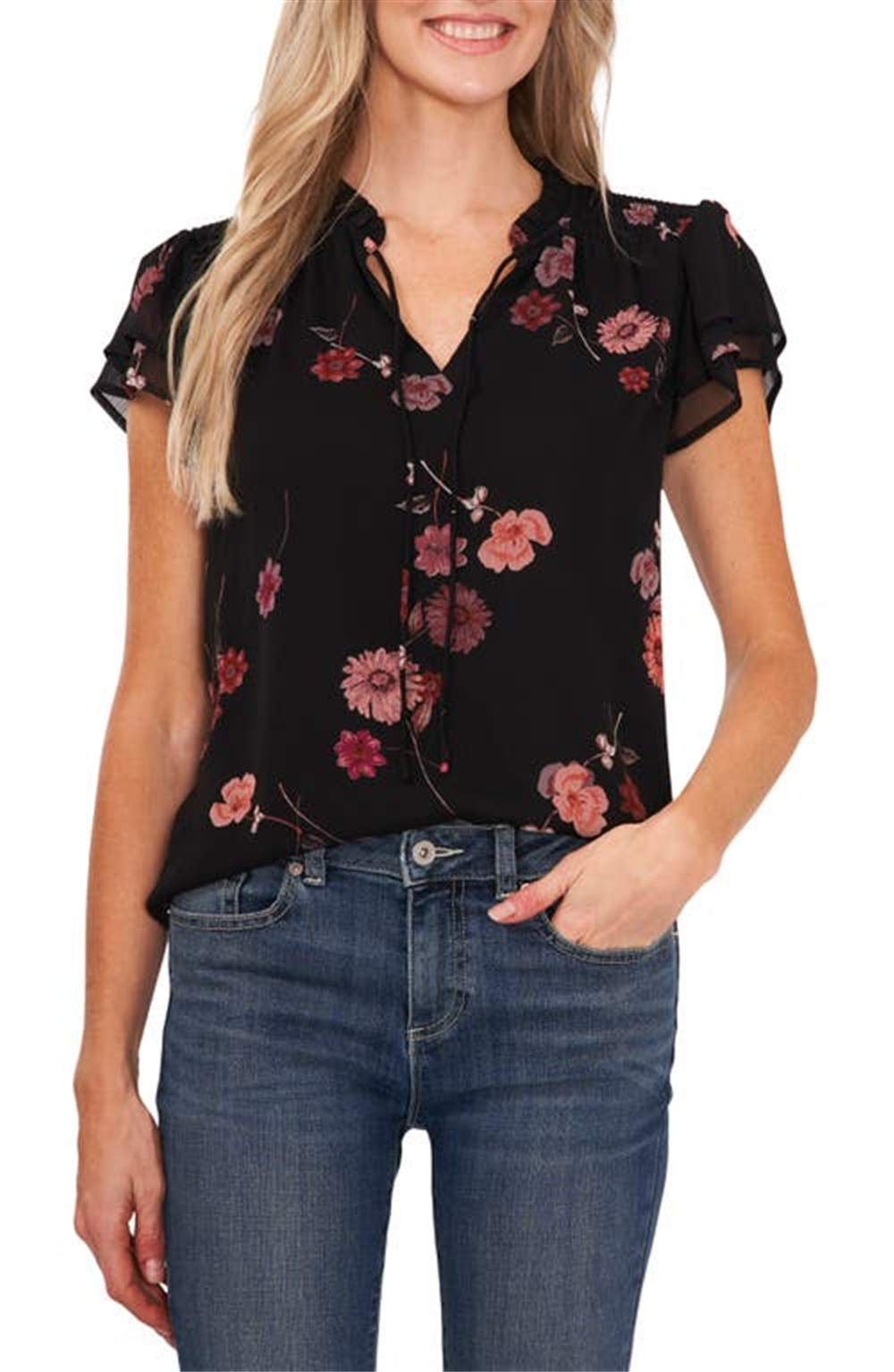 Blusa feminina CeCe com estampa e mangas bufantes, tamanho P