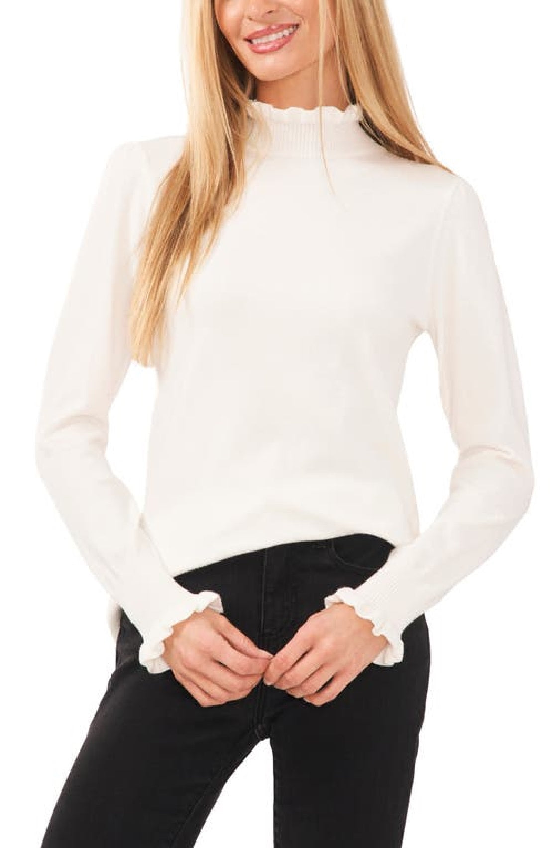 CeCe Women's Ruffle Mock Neck Sweater White Size Large