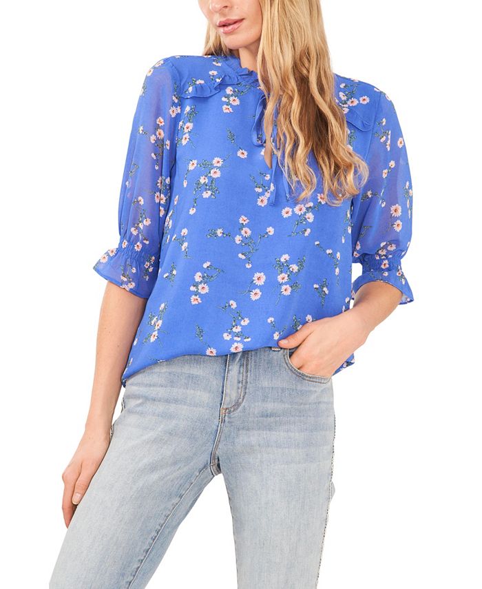 Blusa CeCe Feminina com Decote Amarrado e Babados Azul Tamanho Médio