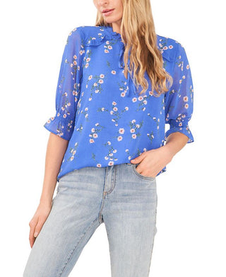 CeCe Women's Tie Neck Ruffle Blouse Blue Size Medium