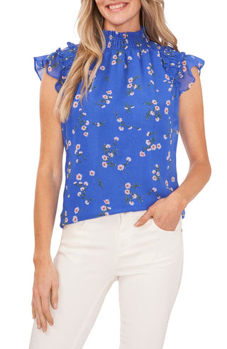 Blusa floral CeCe tamanho médio com mangas esvoaçantes e babados em rosa inglês