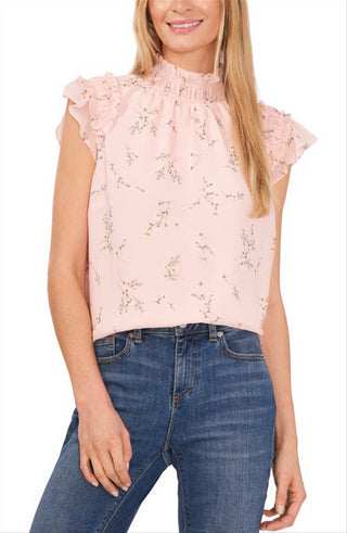 Blusa floral CeCe tamanho médio com mangas esvoaçantes e babados em rosa inglês