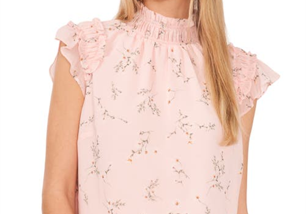 Blusa floral CeCe tamanho médio com mangas esvoaçantes e babados em rosa inglês