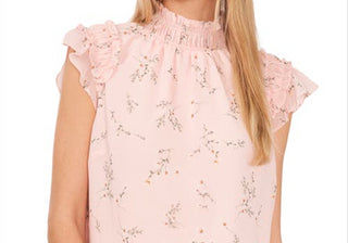 Blusa floral CeCe tamanho médio com mangas esvoaçantes e babados em rosa inglês