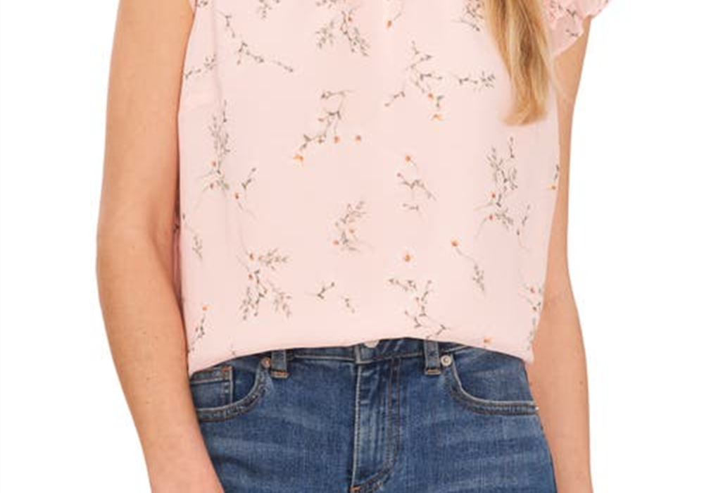 Blusa floral CeCe tamanho médio com mangas esvoaçantes e babados em rosa inglês