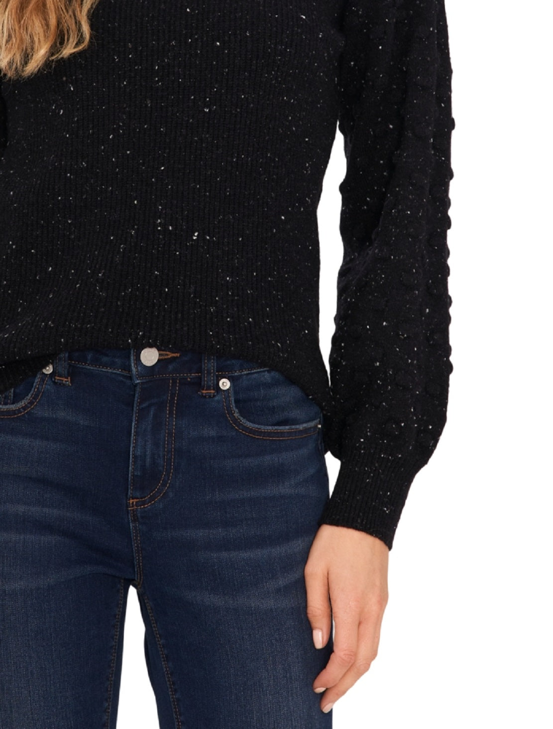 Suéter feminino CeCe com mangas bufantes e mistura de algodão, preto, tamanho médio