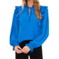 Blusa feminina CeCe com babados e manga comprida, azul, tamanho pequeno