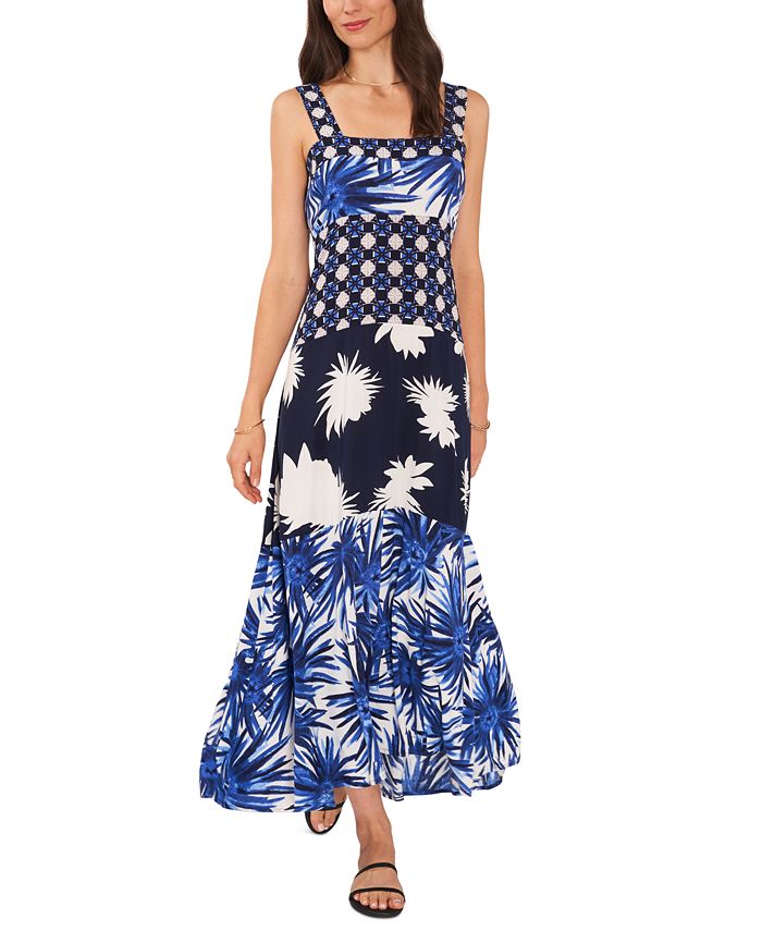 1.STATE Vestido longo com estampa mista feminina, azul, tamanho médio