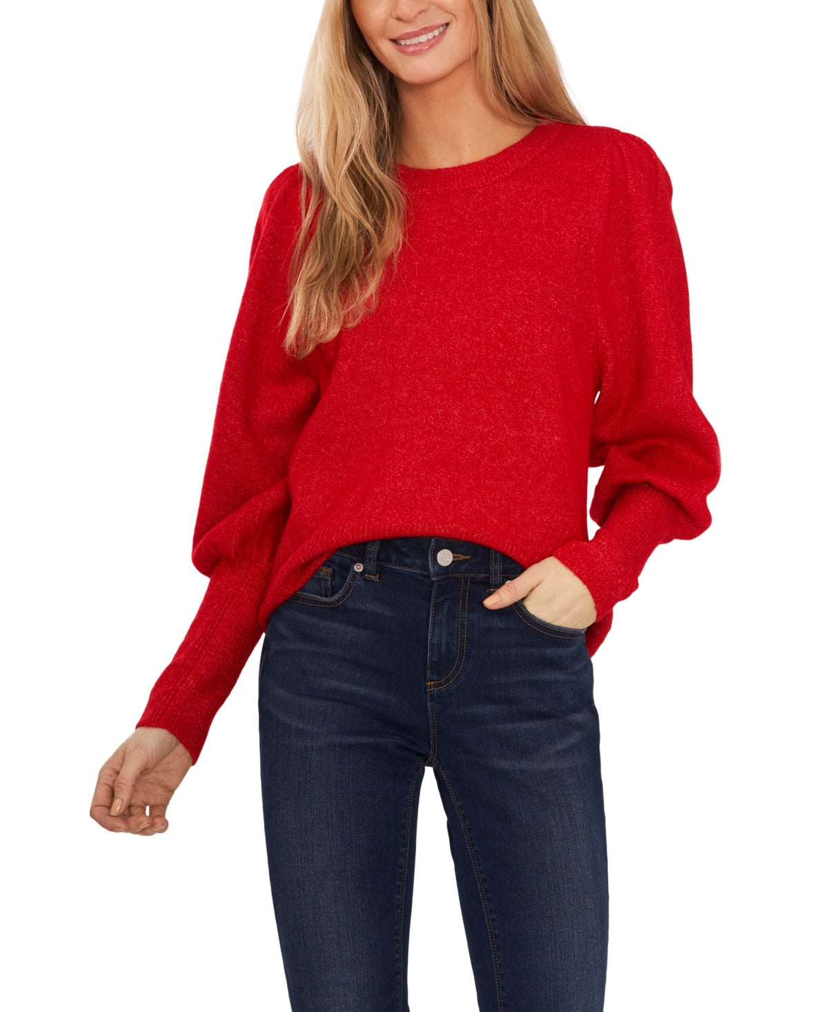 cece-womens-red-long-sleeve-puff-sleeve-crew-neck-sweater-size-m