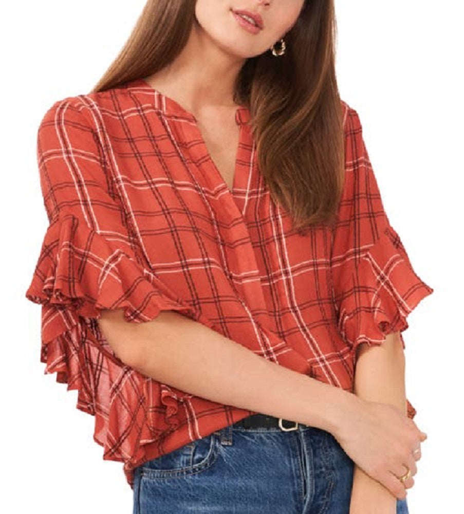 Camisa feminina de flanela xadrez com mangas franzidas Vince Camuto, vermelha, tamanho grande