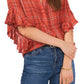 Camisa feminina de flanela xadrez com mangas franzidas Vince Camuto, vermelha, tamanho grande