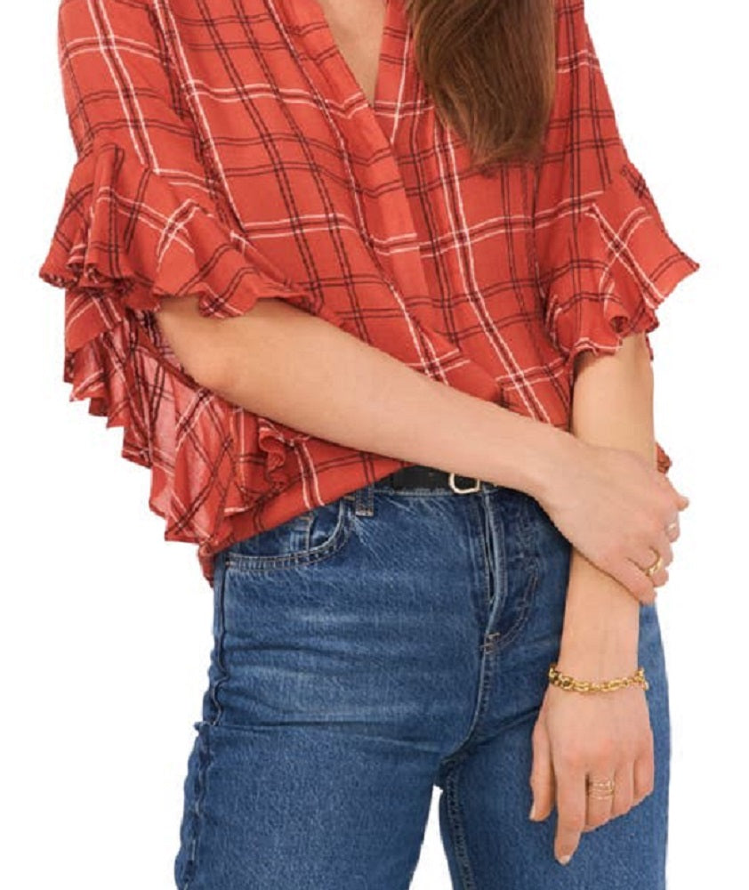 Camisa feminina de flanela xadrez com mangas franzidas Vince Camuto, vermelha, tamanho grande