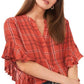 Vince Camuto Feminino Xadrez Manga Babados Flanela Vermelho Tamanho Médio