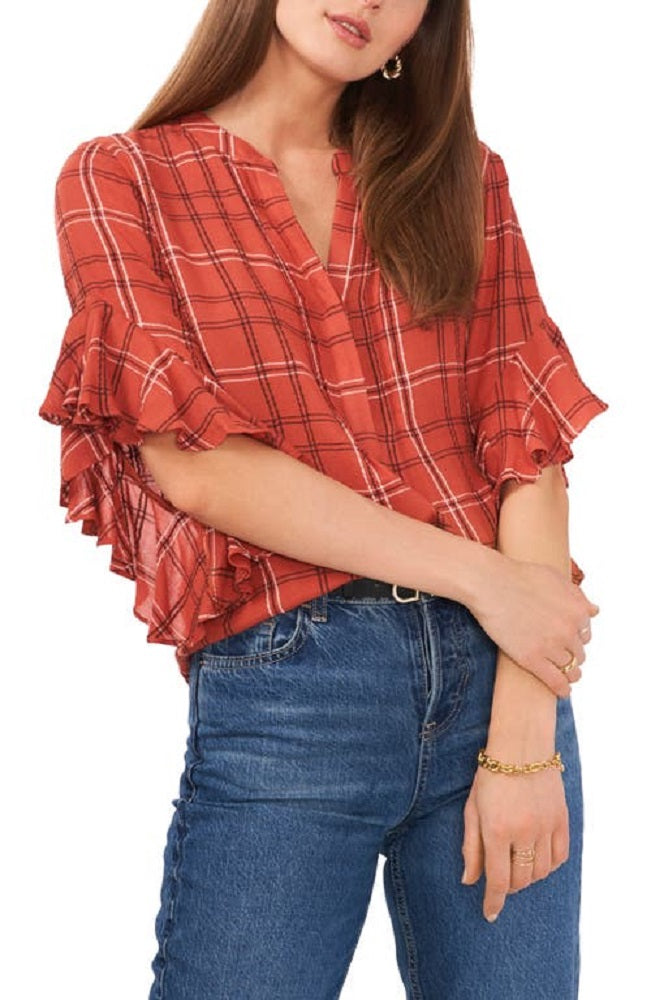Camisa feminina de flanela xadrez com mangas franzidas Vince Camuto, vermelha, tamanho pequeno