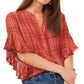 Camisa feminina de flanela xadrez com mangas franzidas Vince Camuto, vermelha, tamanho pequeno