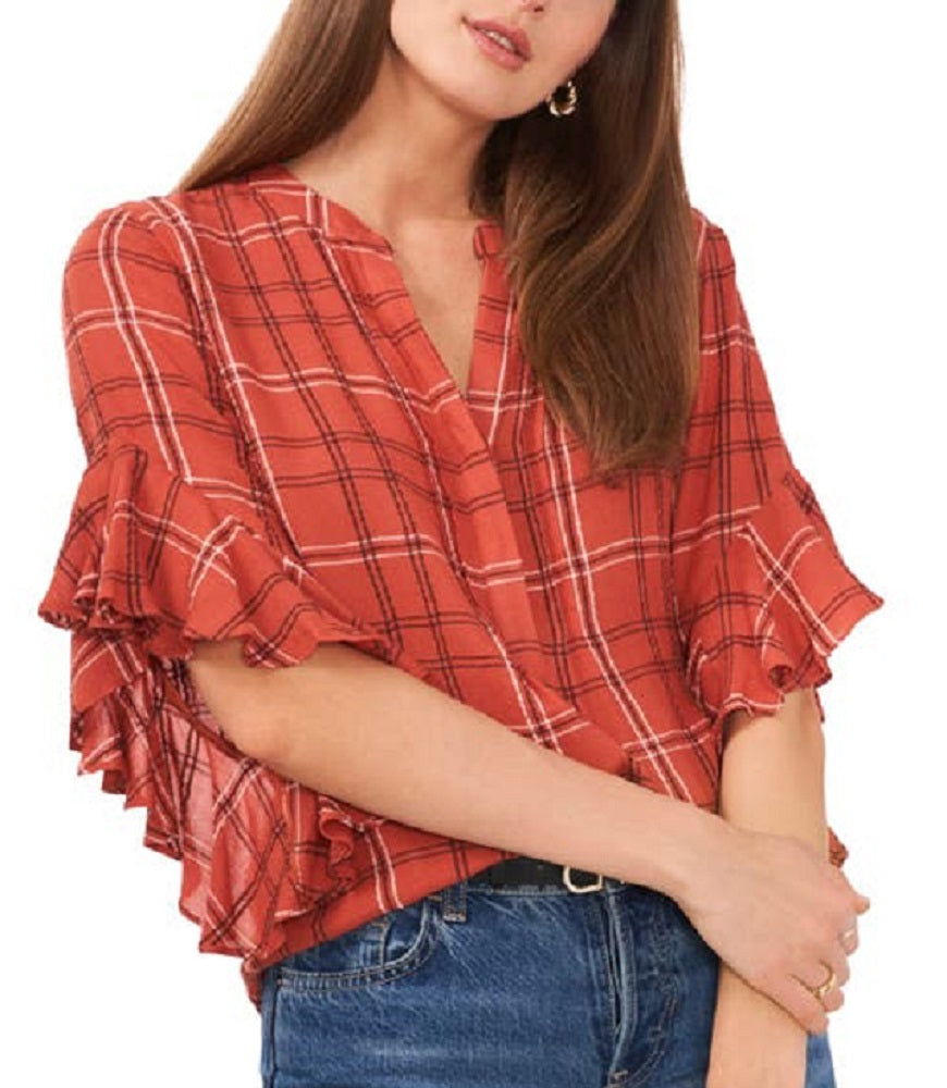Camisa feminina de flanela xadrez com mangas franzidas Vince Camuto, vermelha, tamanho pequeno
