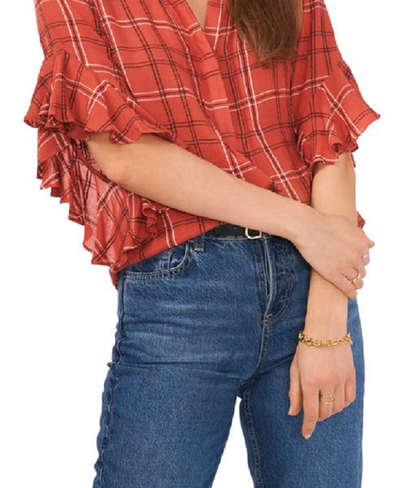 Camisa feminina de flanela xadrez com mangas franzidas Vince Camuto, vermelha, tamanho pequeno