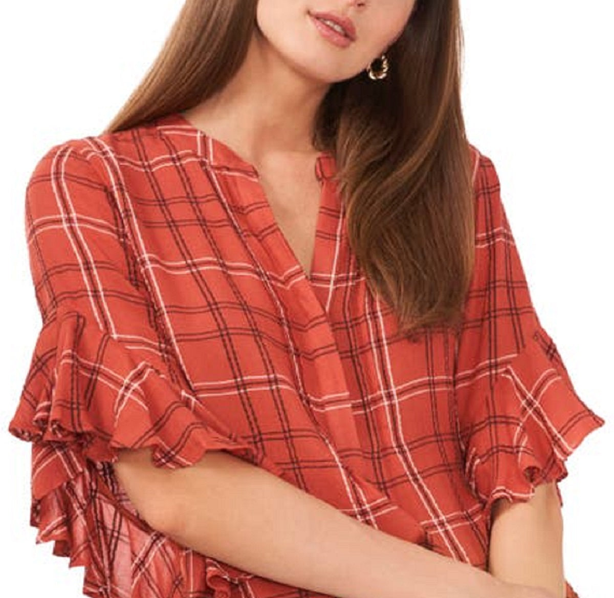Camisa feminina de flanela xadrez com mangas franzidas e babados Vince Camuto, vermelha, tamanho XS
