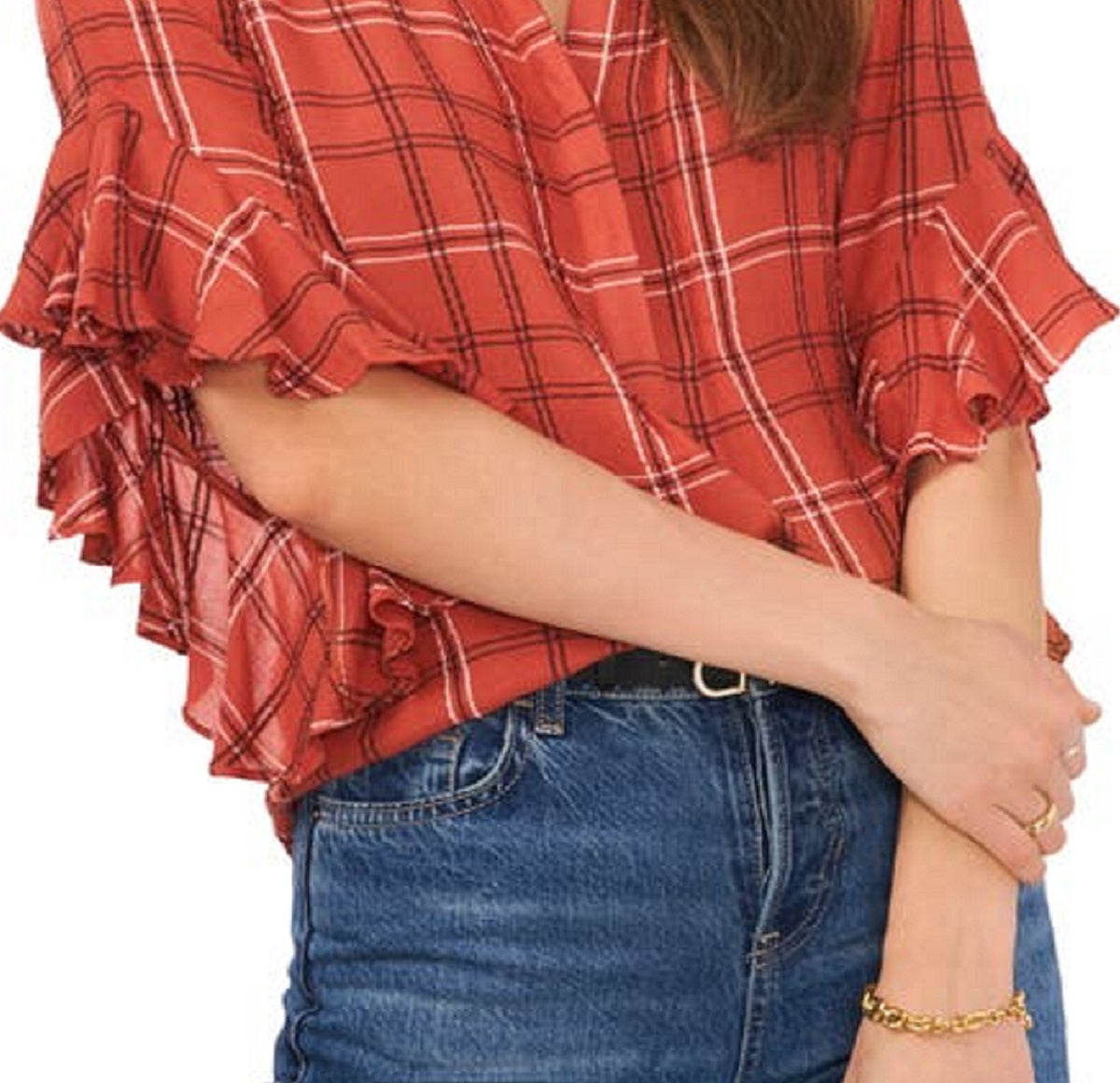 Camisa feminina de flanela xadrez com mangas franzidas e babados Vince Camuto, vermelha, tamanho XS