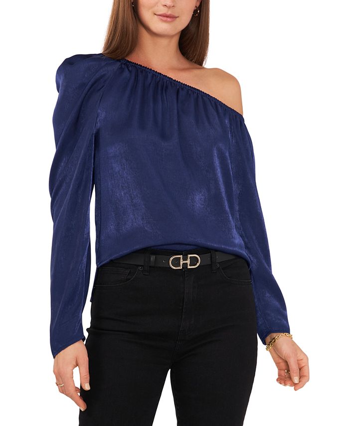 Vince Camuto Blusa feminina de um ombro só, manga comprida, azul, tamanho X-S