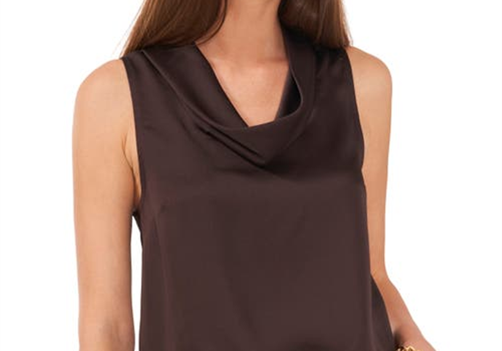 Blusa Vince Camuto de cetim martelado, sem mangas, gola alta, em French Roast, tamanho grande, Nordstrom