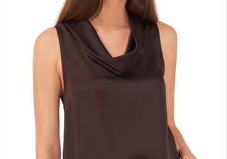 Blusa Vince Camuto de cetim martelado, sem mangas, gola alta, em French Roast, tamanho grande, Nordstrom