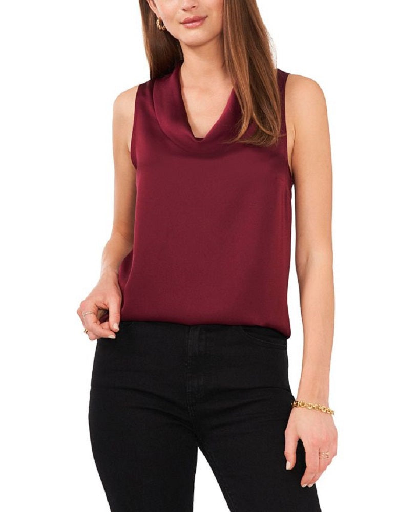 Vince Camuto Top feminino de cetim martelado sem mangas com gola alta, vermelho, tamanho extragrande