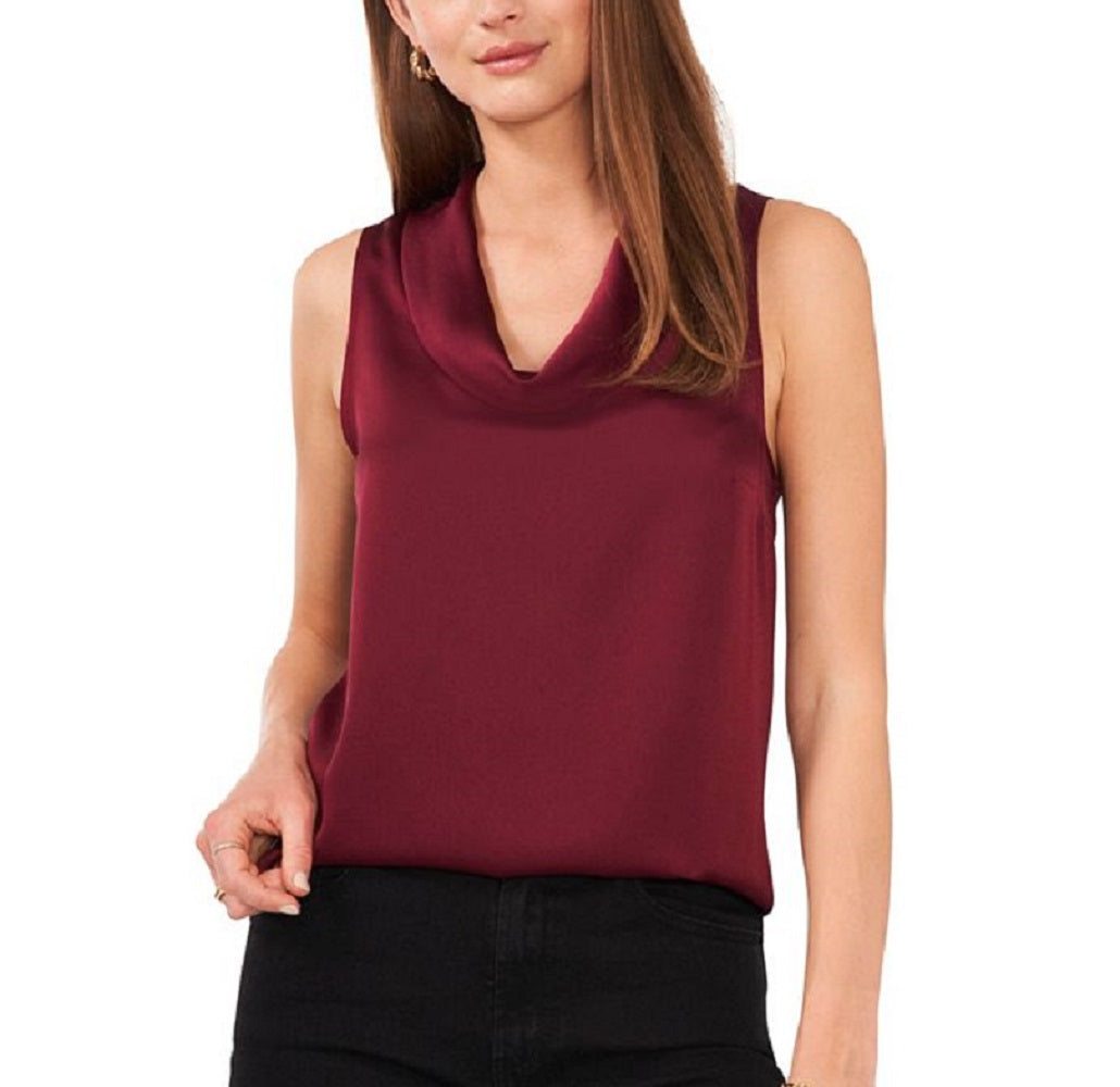Vince Camuto Top feminino de cetim martelado sem mangas com gola alta, vermelho, tamanho extragrande