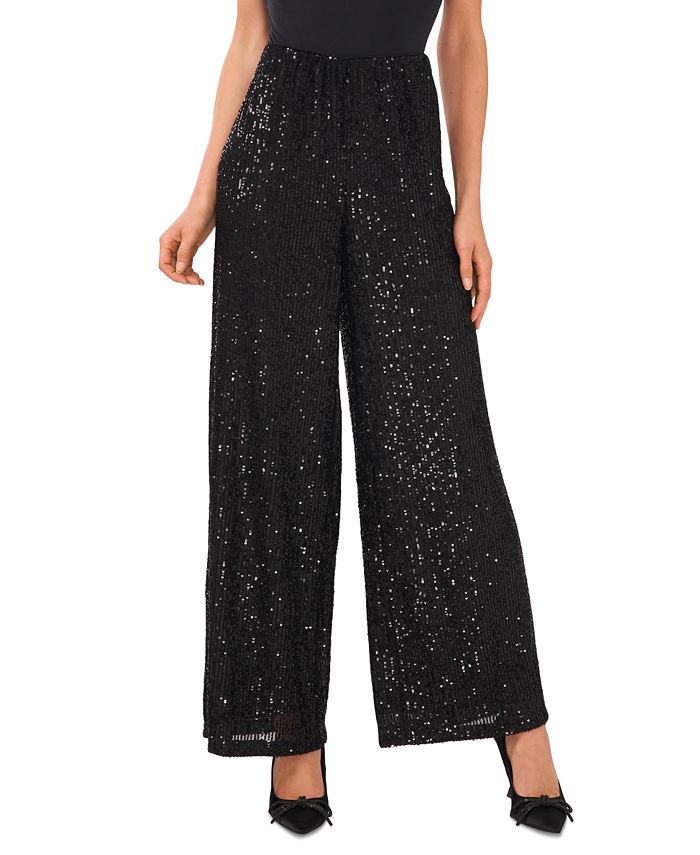 Calça feminina CeCe com cintura elástica e lantejoulas, perna larga, preta, tamanho extragrande