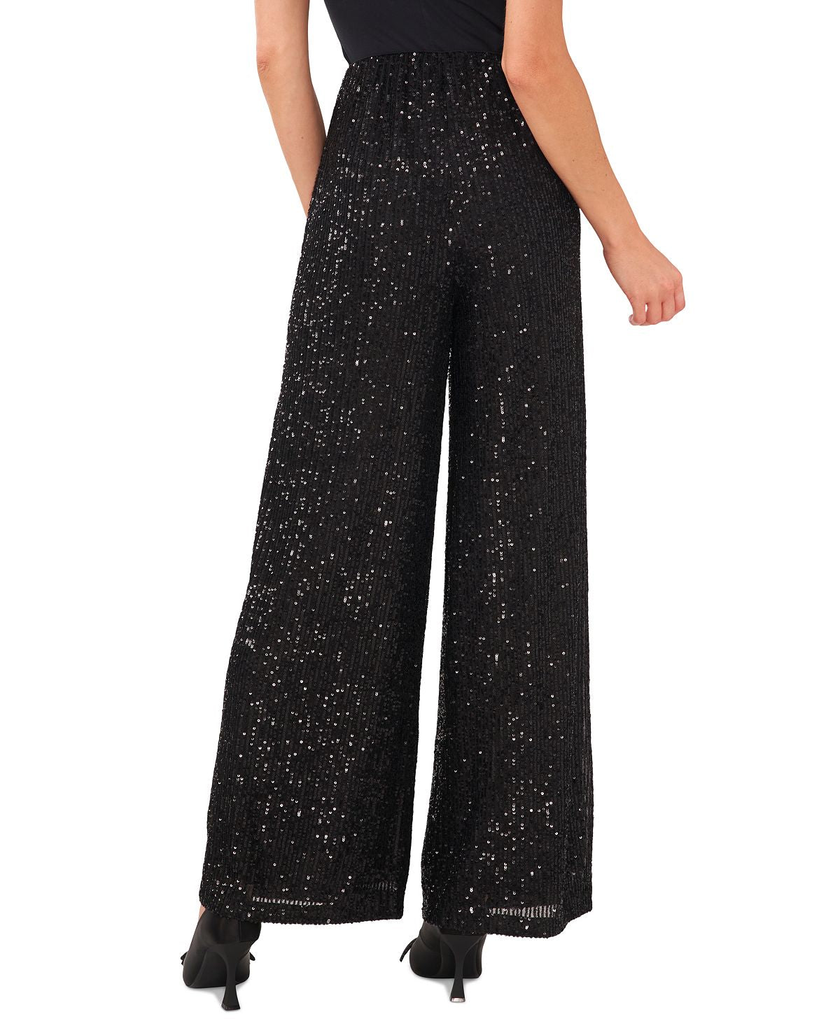 Calça feminina CeCe com cintura elástica e lantejoulas, perna larga, preta, tamanho extragrande