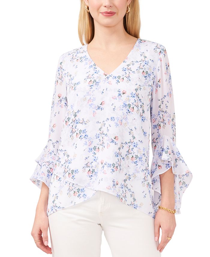 Blusa feminina Vince Camuto com estampa floral, manga 3/4 e decote em V, branca