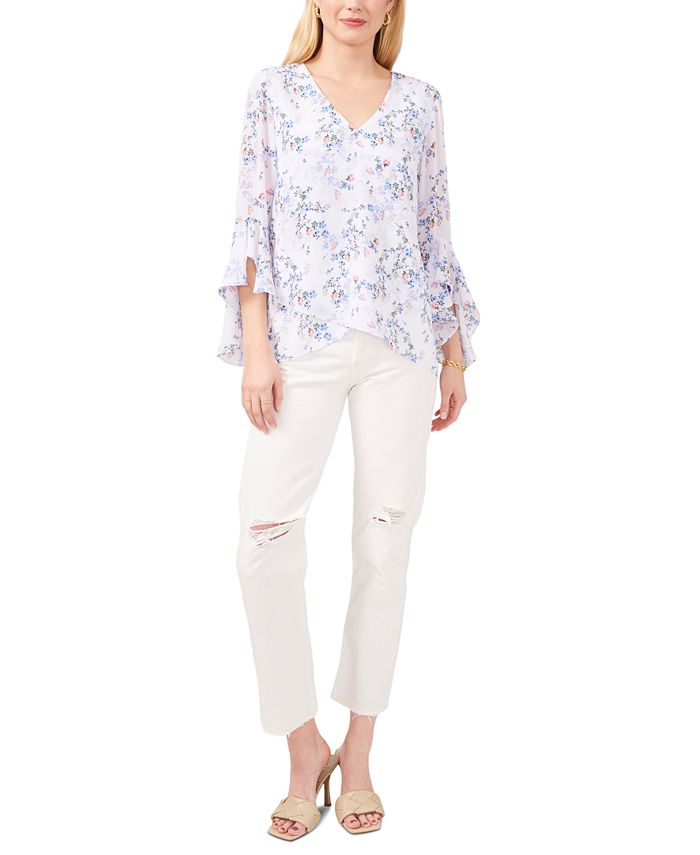 Blusa feminina Vince Camuto com estampa floral, manga 3/4 e decote em V, branca