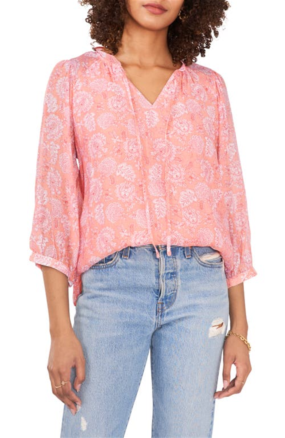 Blusa feminina Vince Camuto com decote em V e manga curta, rosa, tamanho grande