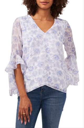 Blusa feminina Vince Camuto com estampa floral e mangas bufantes, branca, tamanho extragrande