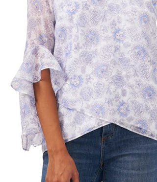 Blusa feminina Vince Camuto com estampa floral e mangas bufantes, branca, tamanho extragrande