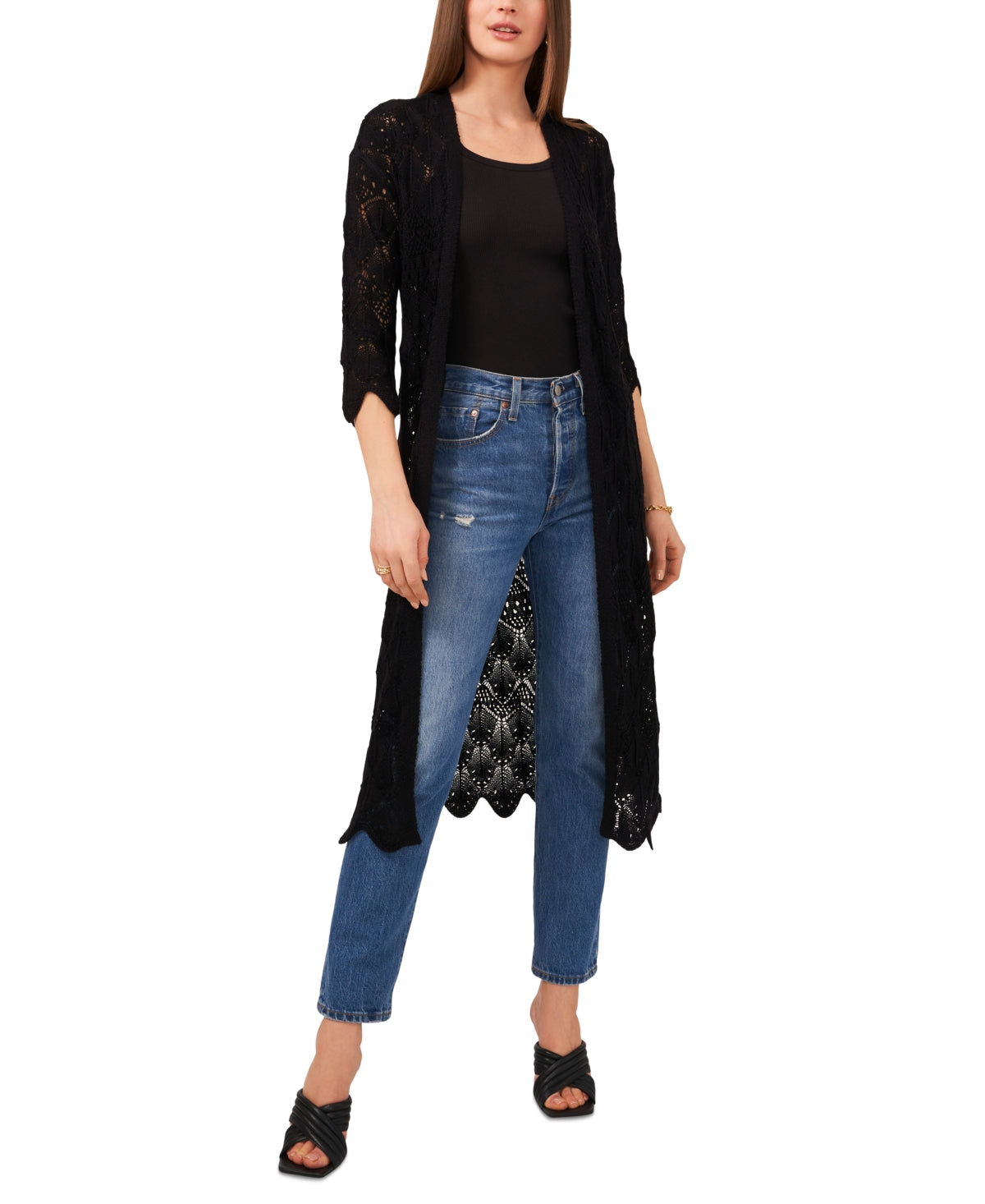 Vince Camuto Duster Feminino Open Stitch Preto Tamanho Grande