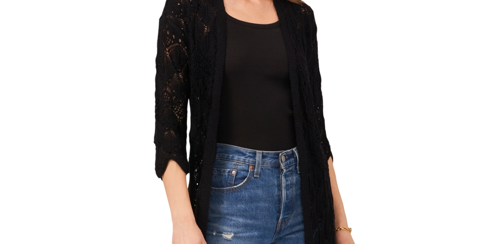 Vince Camuto Duster Feminino Open Stitch Preto Tamanho Grande