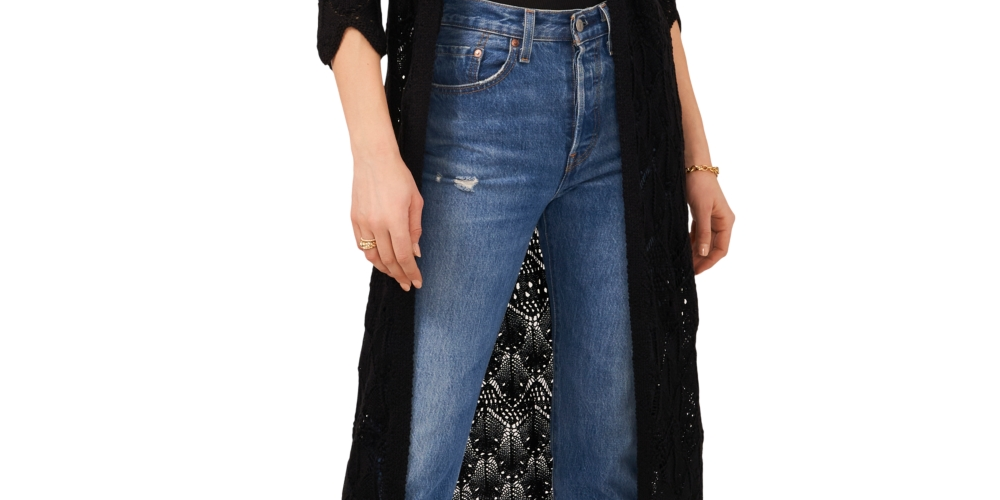 Vince Camuto Duster Feminino Open Stitch Preto Tamanho Grande