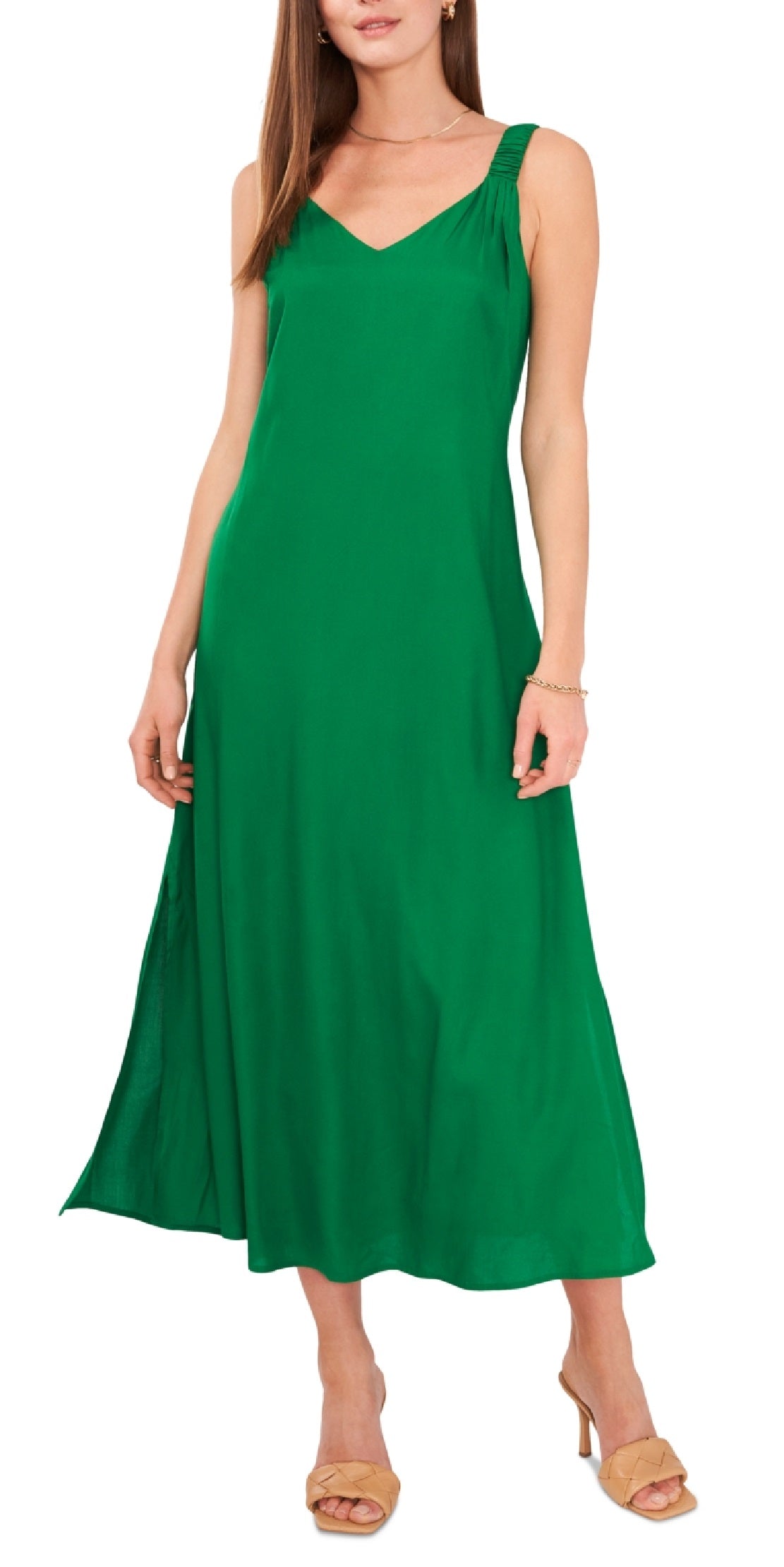 Vestido midi sem mangas Challis com decote em V feminino Vince Camuto, verde, tamanho médio