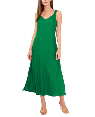 Vince Camuto Women's V Neck Challis Sleeveless Midi Dress Green Size Small