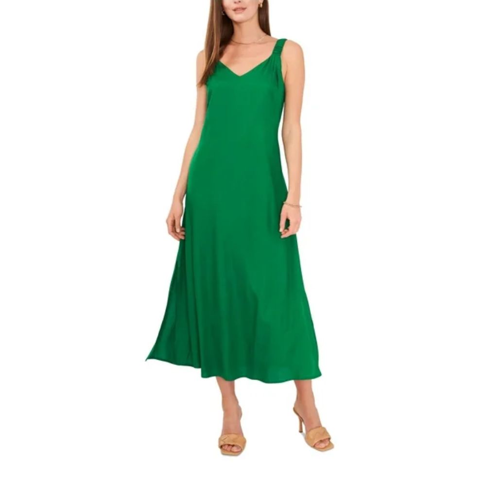 Vestido de festa longo com fenda e decote em V, comprimento chá, verde, tamanho extrapequeno, Vince Camuto