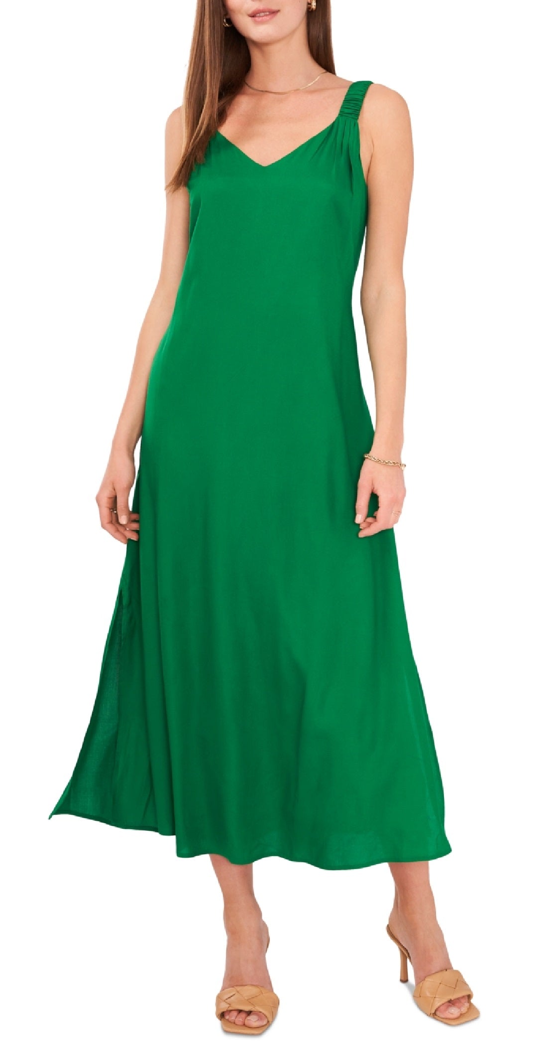 Vestido midi sem mangas Challis com decote em V feminino Vince Camuto, verde, tamanho XX-S