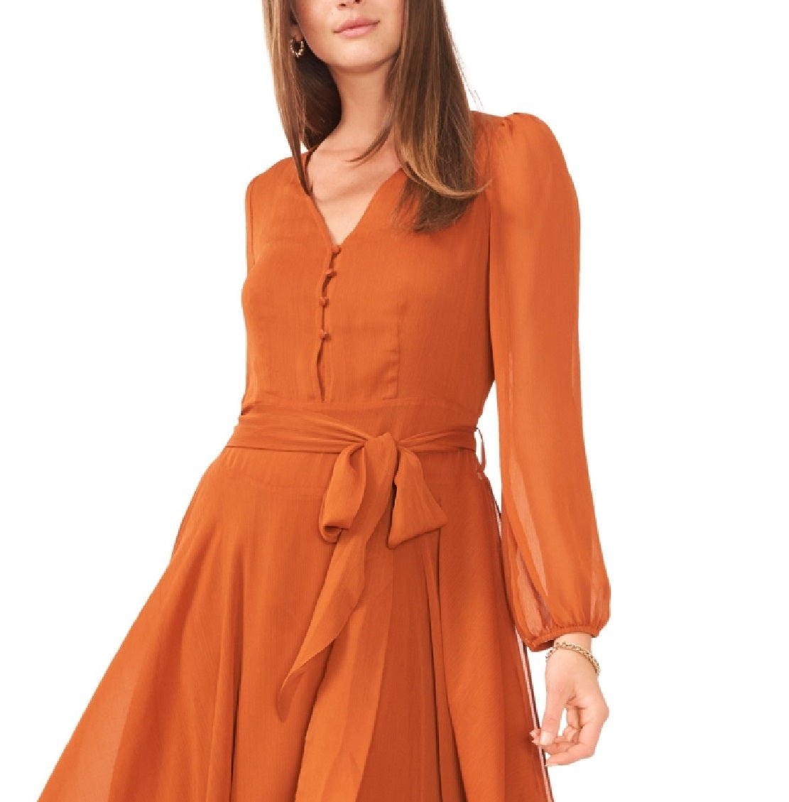 Vestido longo feminino Vince Camuto com bainha de lenço e manga comprida, laranja, tamanho grande