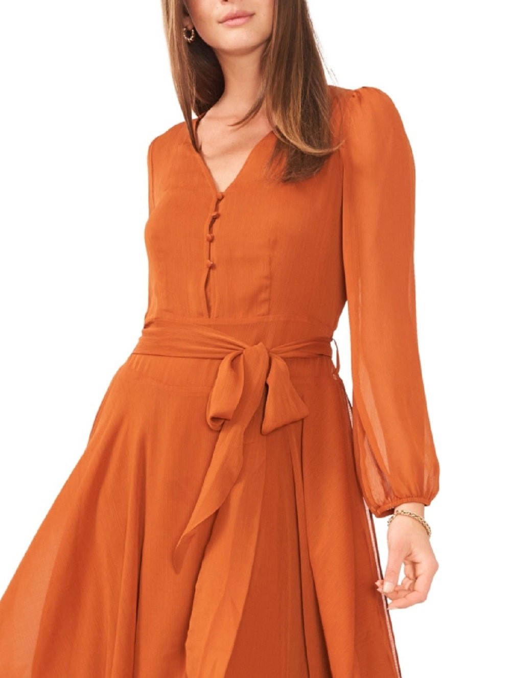 Vestido longo feminino Vince Camuto com bainha de lenço e manga comprida, marrom