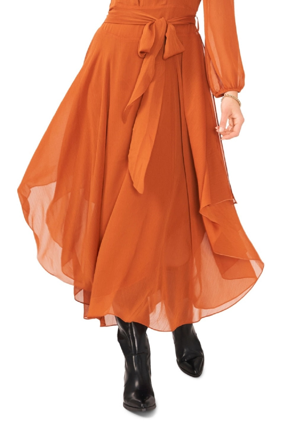 Vestido longo feminino Vince Camuto com bainha de lenço e manga comprida, marrom