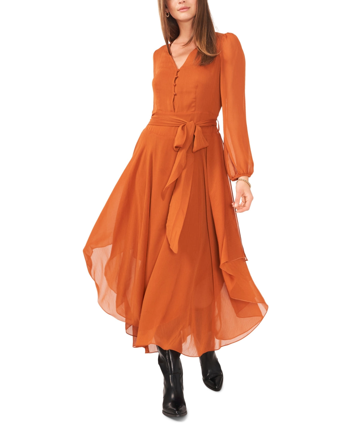 Vestido longo feminino Vince Camuto com bainha de lenço e manga comprida, marrom