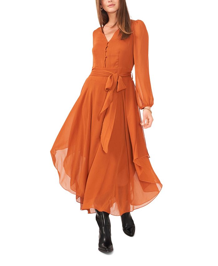 Vestido longo feminino Vince Camuto com bainha de lenço e manga comprida, marrom